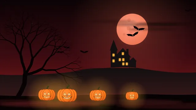 Fond d'écran nuit d’Halloween : pleine lune, chauves-souris, maison hantée, arbre nu et citrouilles, teintes lune de sang