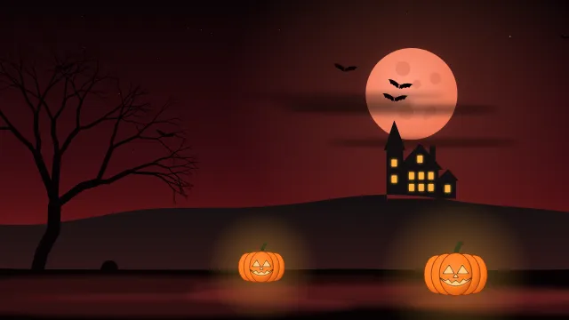 Fond d'écran nuit d’Halloween : pleine lune, chauves-souris, maison hantée, arbre nu et citrouilles, teintes lune de sang