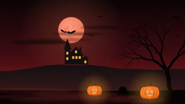 Fond d'écran nuit d’Halloween : pleine lune, chauves-souris, maison hantée, arbre nu et citrouilles, teintes lune de sang