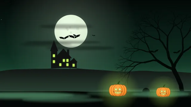 Fond d'écran nuit d’Halloween : pleine lune, chauves-souris, maison hantée, arbre nu et citrouilles, teintes brume verte