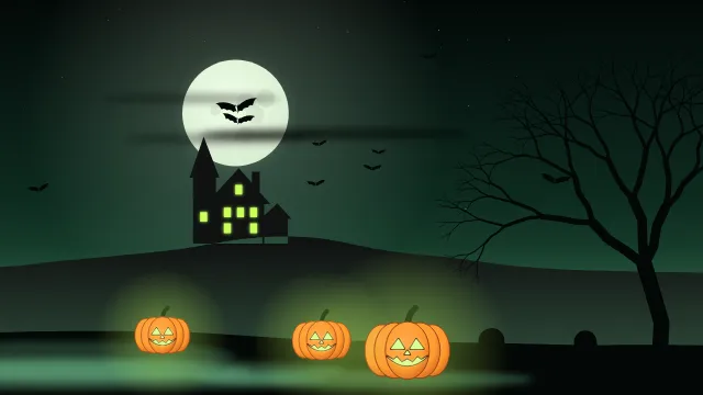 Fond d'écran nuit d’Halloween : pleine lune, chauves-souris, maison hantée, arbre nu et citrouilles, teintes brume verte