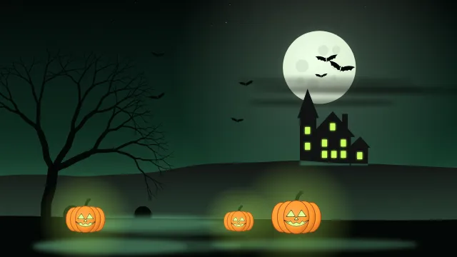 Fond d'écran nuit d’Halloween : pleine lune, chauves-souris, maison hantée, arbre nu et citrouilles, teintes brume verte