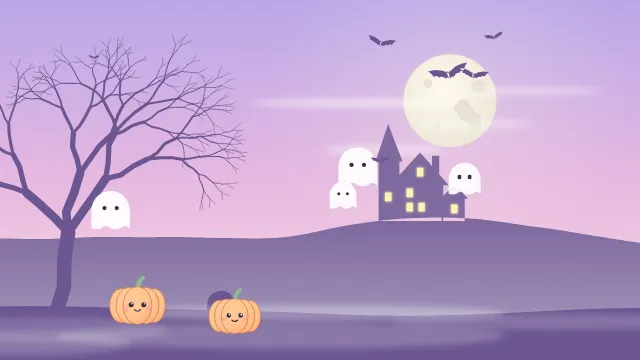 Fond d'écran nuit d’Halloween : pleine lune, chauves-souris, maison hantée, arbre nu et citrouilles, teintes pastel mignon