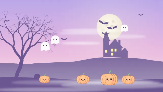 Fond d'écran nuit d’Halloween : pleine lune, chauves-souris, maison hantée, arbre nu et citrouilles, teintes pastel mignon