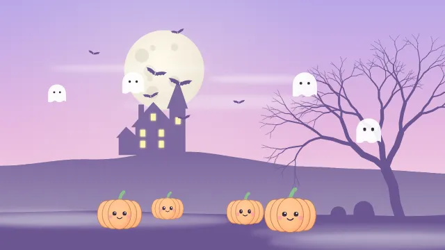 Fond d'écran nuit d’Halloween : pleine lune, chauves-souris, maison hantée, arbre nu et citrouilles, teintes pastel mignon