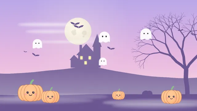 Fond d'écran nuit d’Halloween : pleine lune, chauves-souris, maison hantée, arbre nu et citrouilles, teintes pastel mignon