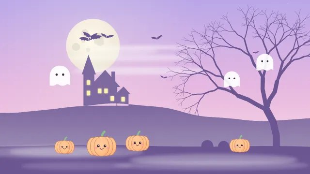 Fond d'écran nuit d’Halloween : pleine lune, chauves-souris, maison hantée, arbre nu et citrouilles, teintes pastel mignon