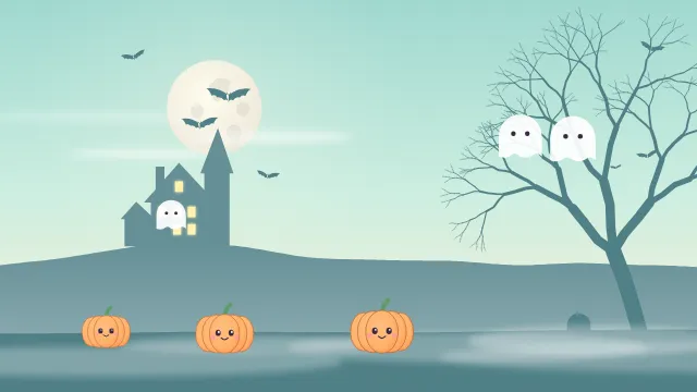 Fond d'écran nuit d’Halloween : pleine lune, chauves-souris, maison hantée, arbre nu et citrouilles, teintes menthe mignon