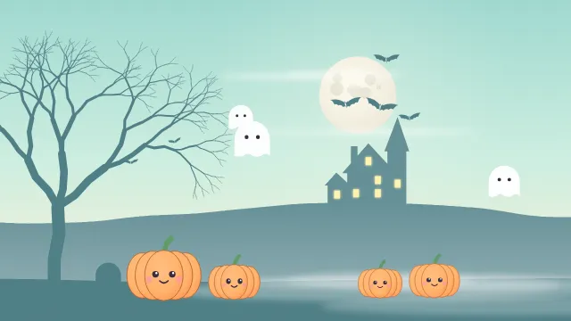 Fond d'écran nuit d’Halloween : pleine lune, chauves-souris, maison hantée, arbre nu et citrouilles, teintes menthe mignon