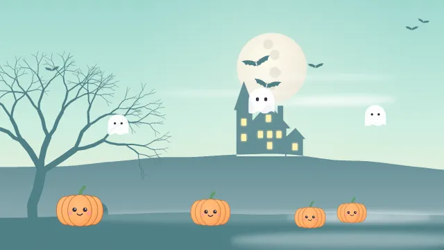 Fond d'écran nuit d’Halloween : pleine lune, chauves-souris, maison hantée, arbre nu et citrouilles, teintes menthe mignon