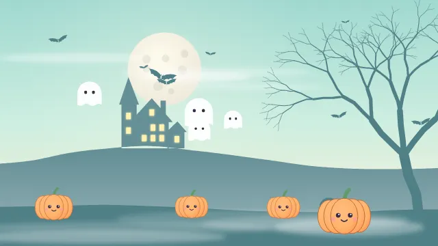 Fond d'écran nuit d’Halloween : pleine lune, chauves-souris, maison hantée, arbre nu et citrouilles, teintes menthe mignon