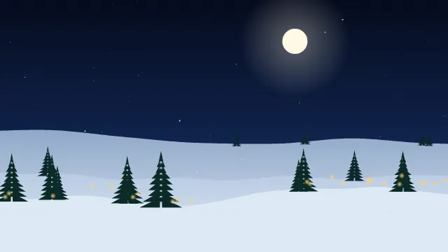 Fond d'écran paysage d’hiver enneigé avec sapins et guirlandes lumineuses, teintes nuit de noël