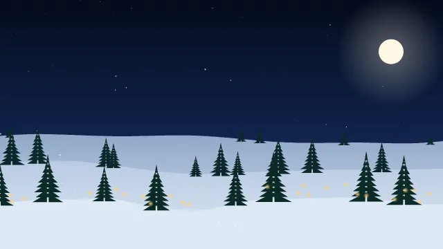 Fond d'écran paysage d’hiver enneigé avec sapins et guirlandes lumineuses, teintes nuit de noël