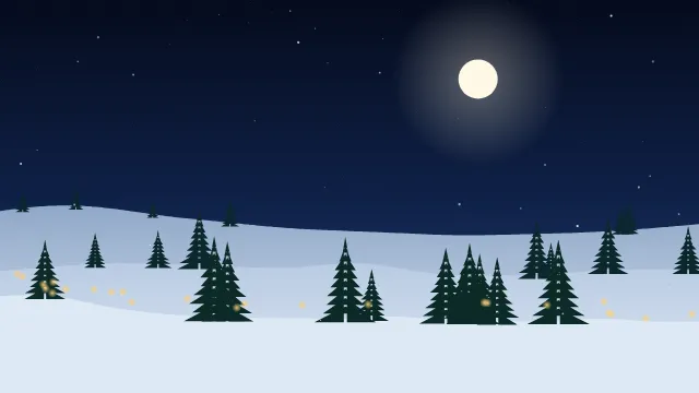 Fond d'écran paysage d’hiver enneigé avec sapins et guirlandes lumineuses, teintes nuit de noël