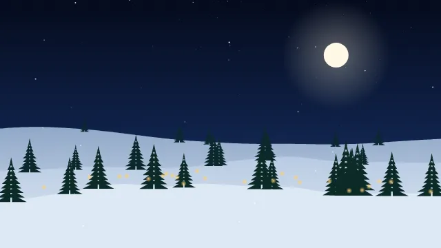 Fond d'écran paysage d’hiver enneigé avec sapins et guirlandes lumineuses, teintes nuit de noël