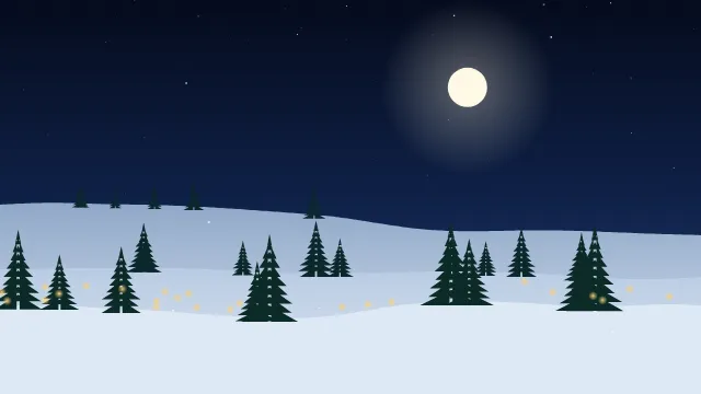 Fond d'écran paysage d’hiver enneigé avec sapins et guirlandes lumineuses, teintes nuit de noël