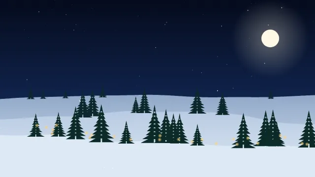 Fond d'écran paysage d’hiver enneigé avec sapins et guirlandes lumineuses, teintes nuit de noël