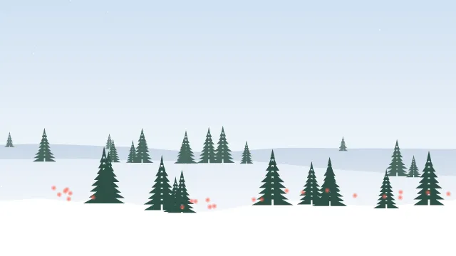 Fond d'écran paysage d’hiver enneigé avec sapins et guirlandes lumineuses, teintes matin enneigé