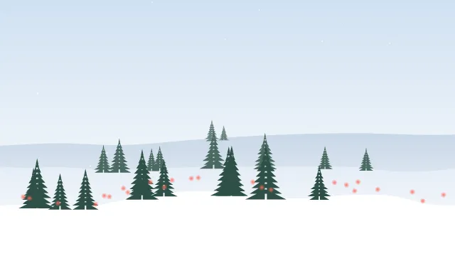 Fond d'écran paysage d’hiver enneigé avec sapins et guirlandes lumineuses, teintes matin enneigé