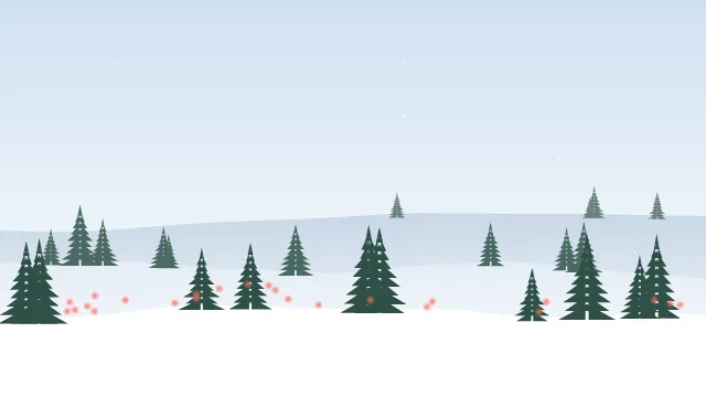 Fond d'écran paysage d’hiver enneigé avec sapins et guirlandes lumineuses, teintes matin enneigé