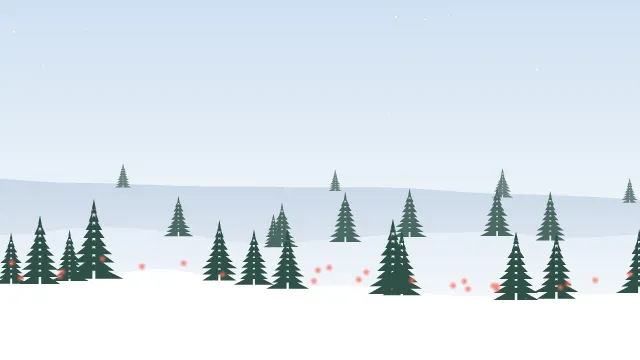 Fond d'écran paysage d’hiver enneigé avec sapins et guirlandes lumineuses, teintes matin enneigé