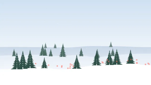 Fond d'écran paysage d’hiver enneigé avec sapins et guirlandes lumineuses, teintes matin enneigé