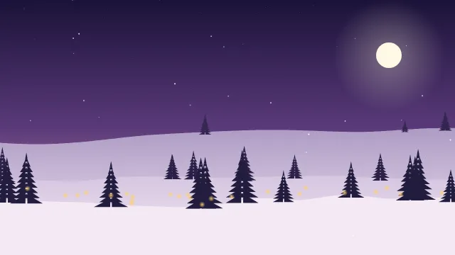 Fond d'écran paysage d’hiver enneigé avec sapins et guirlandes lumineuses, teintes crépuscule