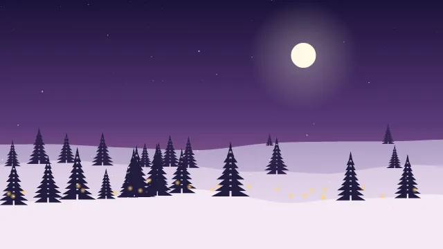 Fond d'écran paysage d’hiver enneigé avec sapins et guirlandes lumineuses, teintes crépuscule