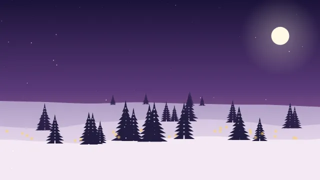 Fond d'écran paysage d’hiver enneigé avec sapins et guirlandes lumineuses, teintes crépuscule