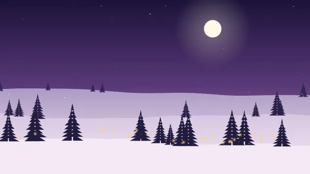 Fond d'écran paysage d’hiver enneigé avec sapins et guirlandes lumineuses, teintes crépuscule