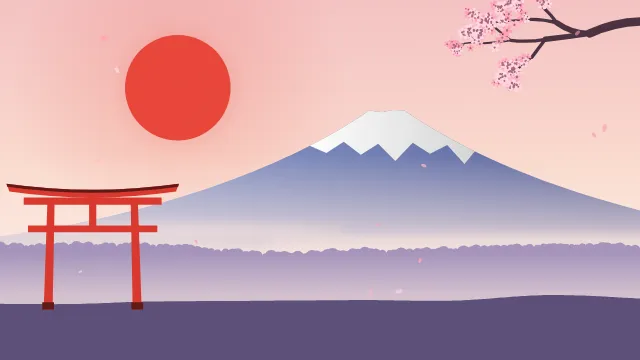Fond d'écran paysage d’inspiration japonaise : volcan enneigé, grand soleil, portique torii et branche de cerisier en fleurs, teintes aube rose