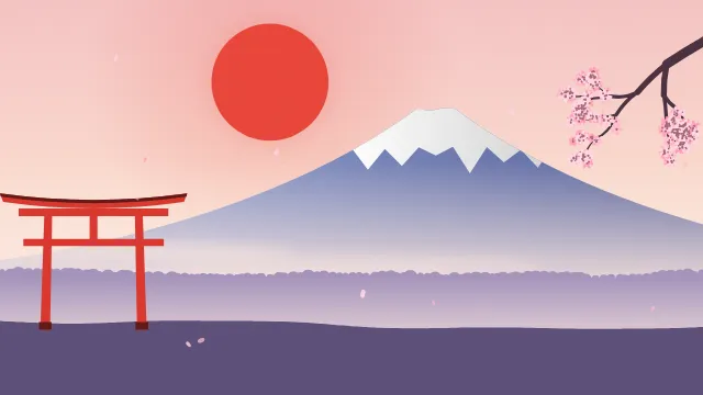 Fond d'écran paysage d’inspiration japonaise : volcan enneigé, grand soleil, portique torii et branche de cerisier en fleurs, teintes aube rose