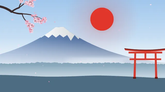 Fond d'écran paysage d’inspiration japonaise : volcan enneigé, grand soleil, portique torii et branche de cerisier en fleurs, teintes matin clair
