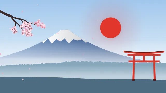 Fond d'écran paysage d’inspiration japonaise : volcan enneigé, grand soleil, portique torii et branche de cerisier en fleurs, teintes matin clair
