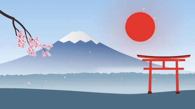 Fond d'écran paysage d’inspiration japonaise : volcan enneigé, grand soleil, portique torii et branche de cerisier en fleurs, teintes matin clair