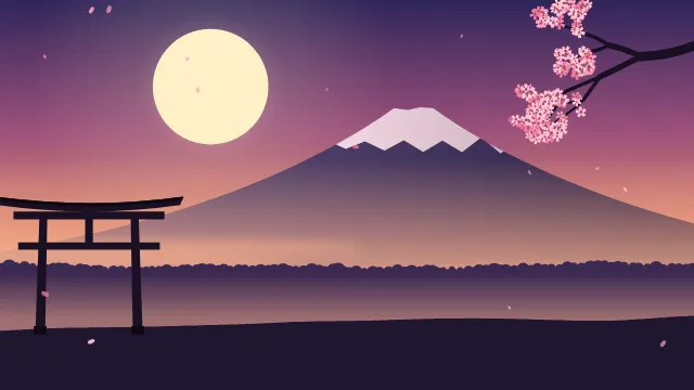 Fond d'écran paysage d’inspiration japonaise : volcan enneigé, grand soleil, portique torii et branche de cerisier en fleurs, teintes crépuscule