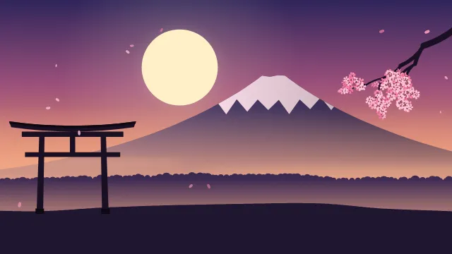 Fond d'écran paysage d’inspiration japonaise : volcan enneigé, grand soleil, portique torii et branche de cerisier en fleurs, teintes crépuscule