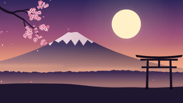 Fond d'écran paysage d’inspiration japonaise : volcan enneigé, grand soleil, portique torii et branche de cerisier en fleurs, teintes crépuscule