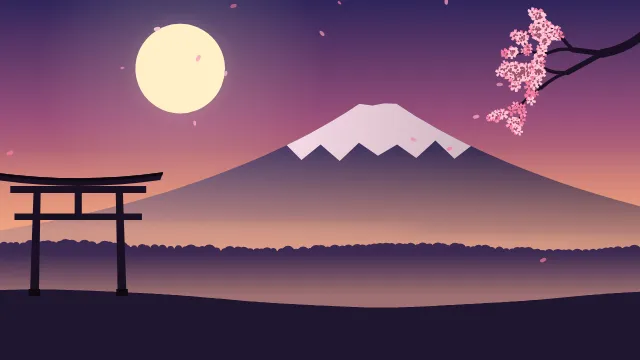 Fond d'écran paysage d’inspiration japonaise : volcan enneigé, grand soleil, portique torii et branche de cerisier en fleurs, teintes crépuscule