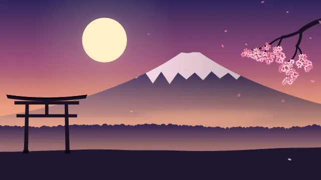 Fond d'écran paysage d’inspiration japonaise : volcan enneigé, grand soleil, portique torii et branche de cerisier en fleurs, teintes crépuscule