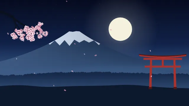 Fond d'écran paysage d’inspiration japonaise : volcan enneigé, grand soleil, portique torii et branche de cerisier en fleurs, teintes nuit