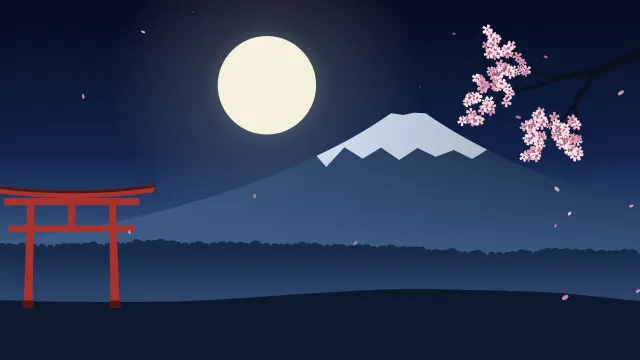 Fond d'écran paysage d’inspiration japonaise : volcan enneigé, grand soleil, portique torii et branche de cerisier en fleurs, teintes nuit