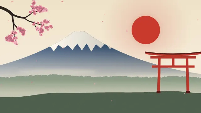 Fond d'écran paysage d’inspiration japonaise : volcan enneigé, grand soleil, portique torii et branche de cerisier en fleurs, teintes estampe