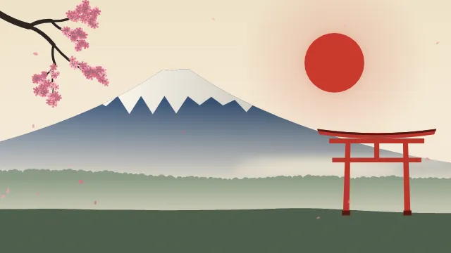 Fond d'écran paysage d’inspiration japonaise : volcan enneigé, grand soleil, portique torii et branche de cerisier en fleurs, teintes estampe