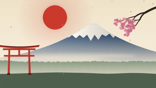 Fond d'écran paysage d’inspiration japonaise : volcan enneigé, grand soleil, portique torii et branche de cerisier en fleurs, teintes estampe