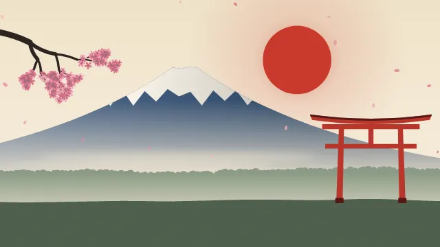 Fond d'écran paysage d’inspiration japonaise : volcan enneigé, grand soleil, portique torii et branche de cerisier en fleurs, teintes estampe