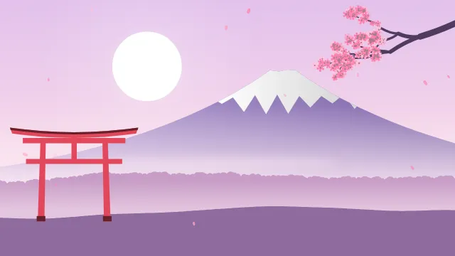 Fond d'écran paysage d’inspiration japonaise : volcan enneigé, grand soleil, portique torii et branche de cerisier en fleurs, teintes sakura