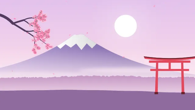 Fond d'écran paysage d’inspiration japonaise : volcan enneigé, grand soleil, portique torii et branche de cerisier en fleurs, teintes sakura