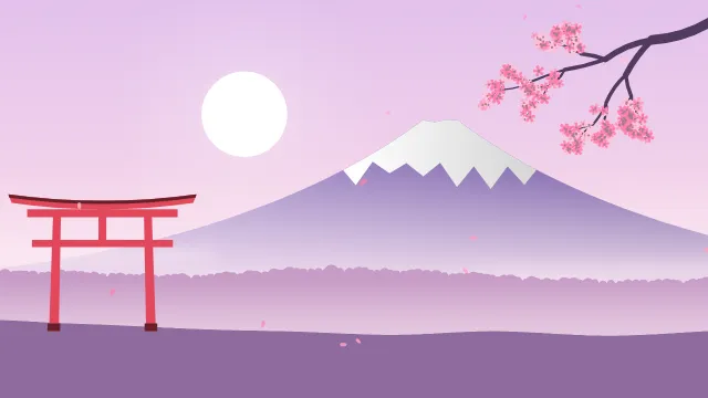Fond d'écran paysage d’inspiration japonaise : volcan enneigé, grand soleil, portique torii et branche de cerisier en fleurs, teintes sakura