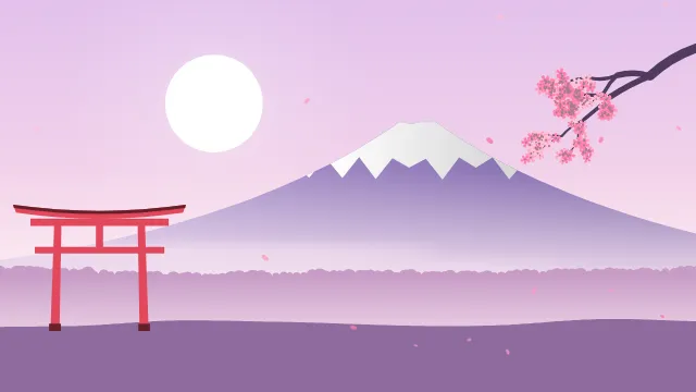 Fond d'écran paysage d’inspiration japonaise : volcan enneigé, grand soleil, portique torii et branche de cerisier en fleurs, teintes sakura
